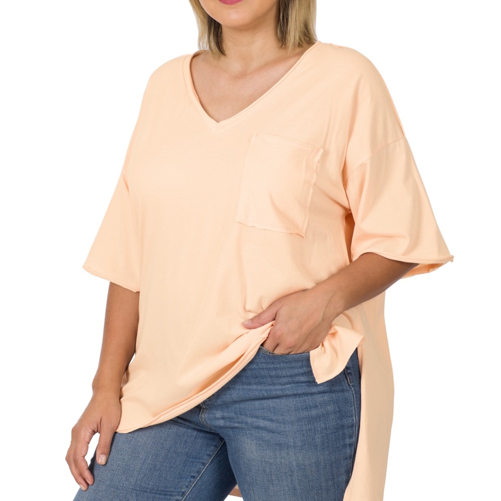 ZENANA Oversized Raw Edge Front Pocket Hi Low Tee Top - Picture 2 of 14